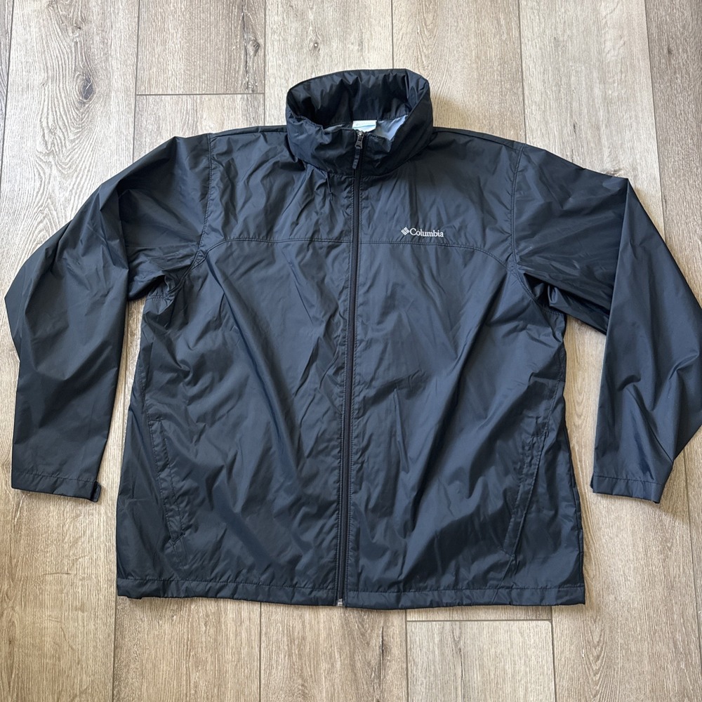 Columbia Black Hooded Lightweight Rain Jacket Men Mid-Length Outdoor‎ Hiking XXL